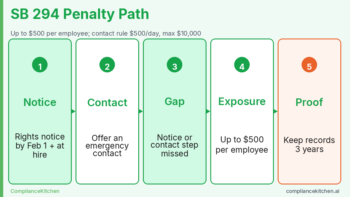 Five-step diagram of SB 294 penalty exposure from the rights notice and emergency contact step through records