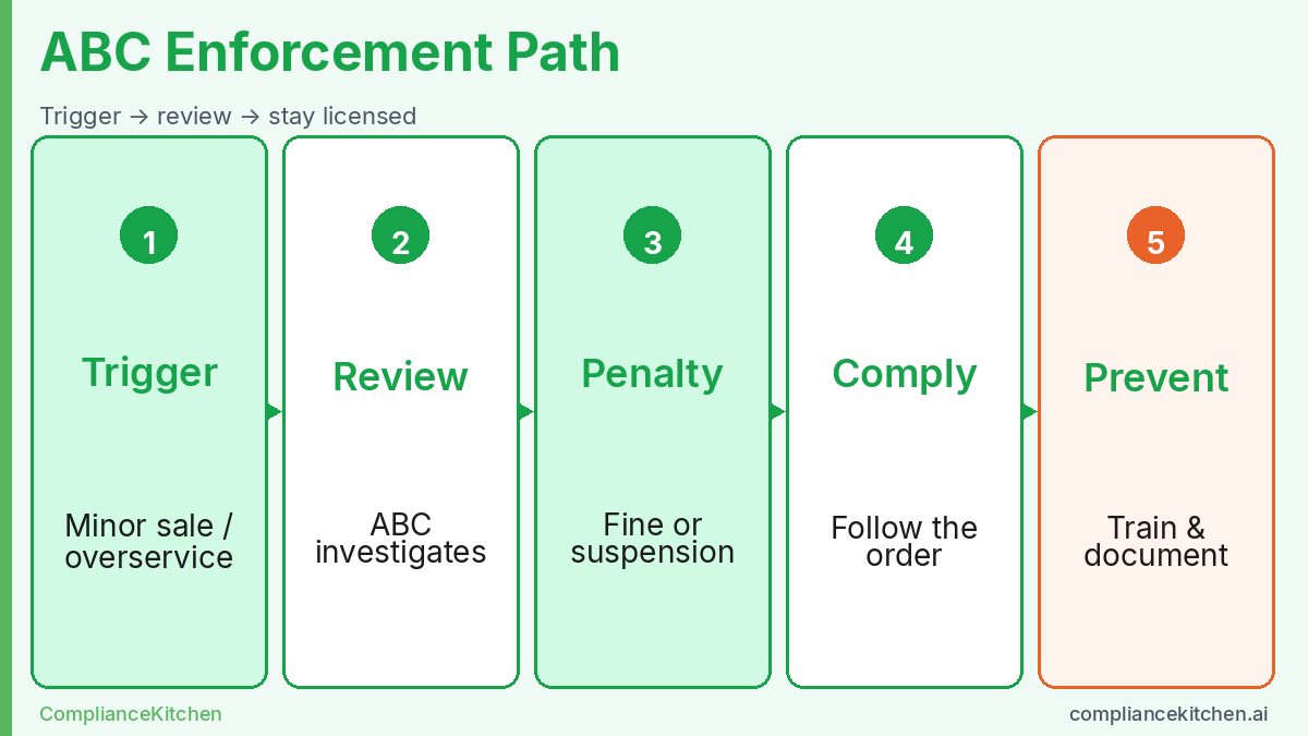 Process diagram of ABC enforcement from trigger event through penalties and prevention