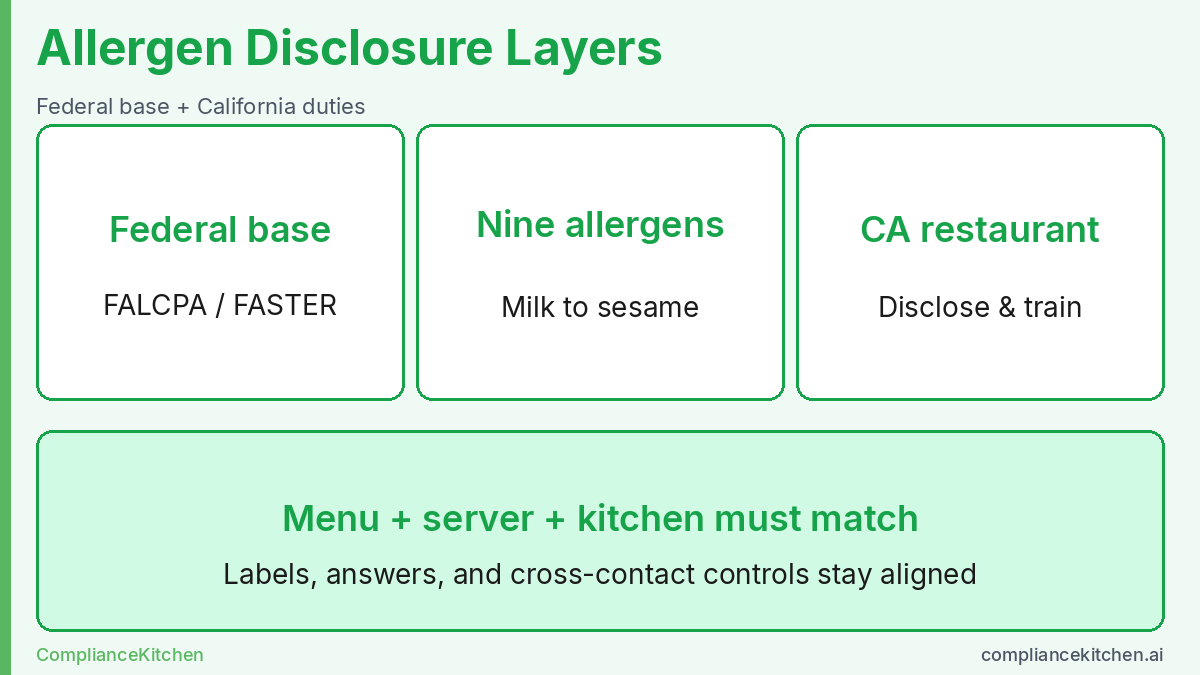 Allergen disclosure layers: federal base, nine major allergens, and California restaurant duties