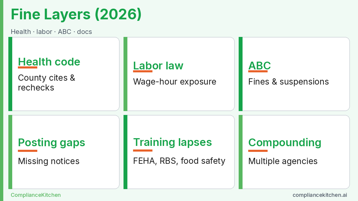Infographic of California restaurant fine layers: health, labor, ABC, posting gaps, training lapses, and compounding risk