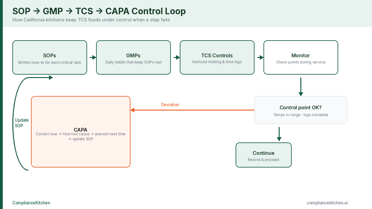 Diagram of SOPs feeding GMPs and TCS controls, with CAPA looping when a control point fails
