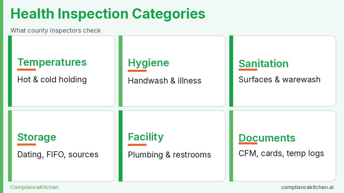 California health inspection categories: temps, hygiene, sanitation, storage, facility, docs