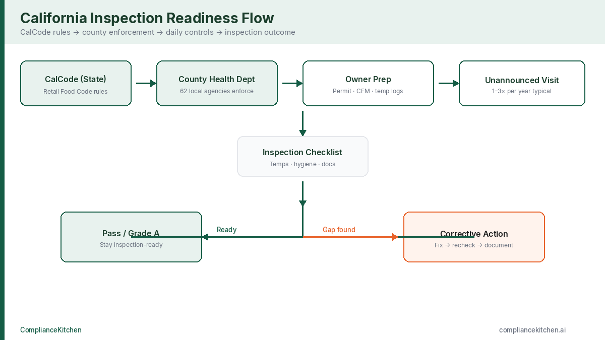 Decision flow for California restaurant owners: CalCode rules, county health enforcement, owner prep, unannounced inspection, then pass or corrective action