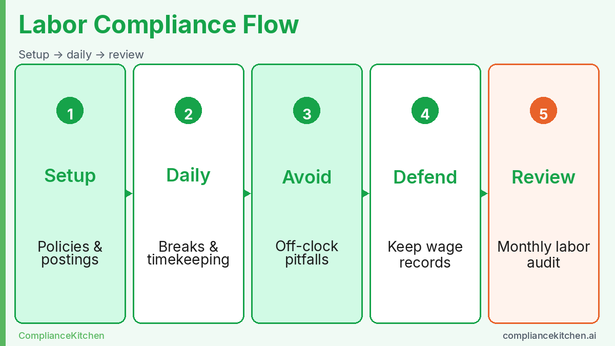 Five-step California restaurant labor compliance flow from prerequisites through monthly review