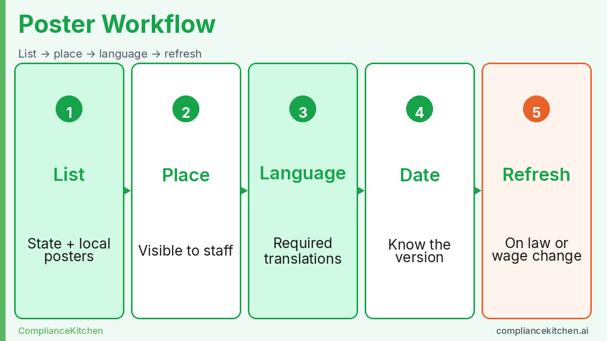 Five-step labor law poster workflow: build list, place, language, date versions, and refresh on change