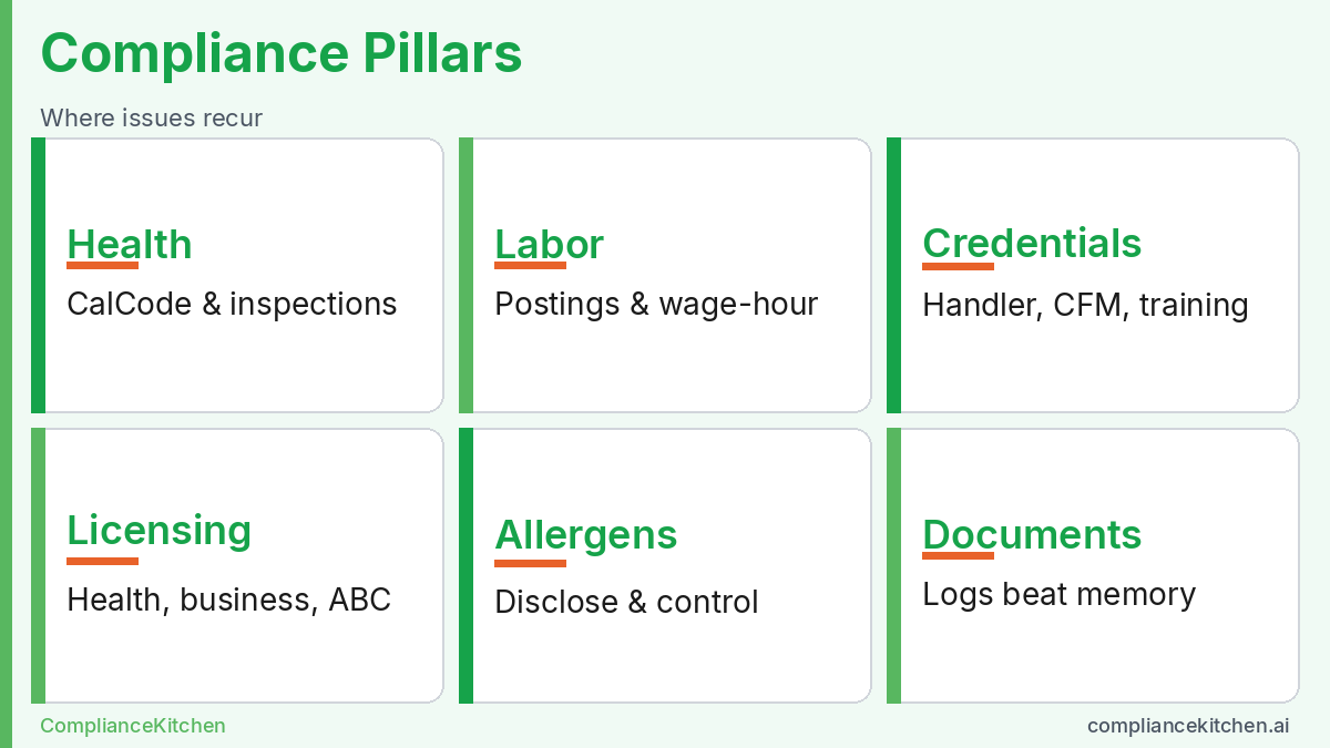 Common California restaurant compliance pillars: health, labor, credentials, licensing, allergens