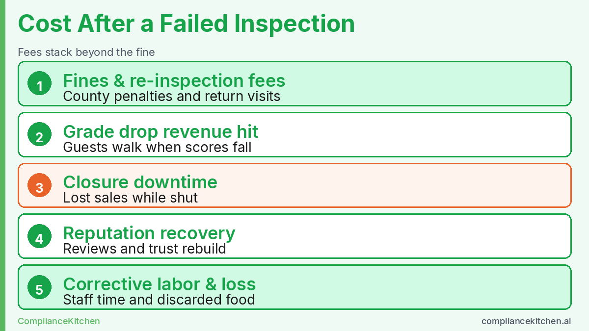 Stacked cost diagram after a failed health inspection: fines, revenue hit, closure downtime, reputation, and corrective labor