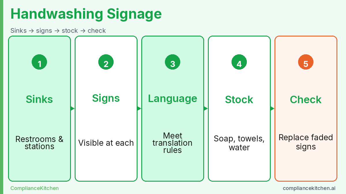 Step diagram of handwashing signage requirements from identifying sinks through daily inspection of stations