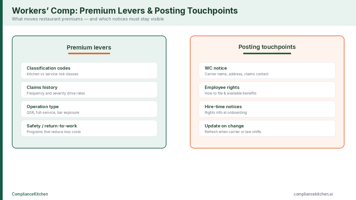 Workers comp premium levers and California posting touchpoints for restaurant employers