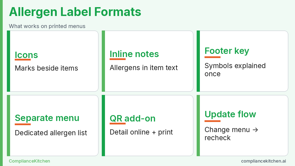 Infographic of menu allergen label formats: icons, inline notes, legend, separate menu, QR supplement, and update workflow