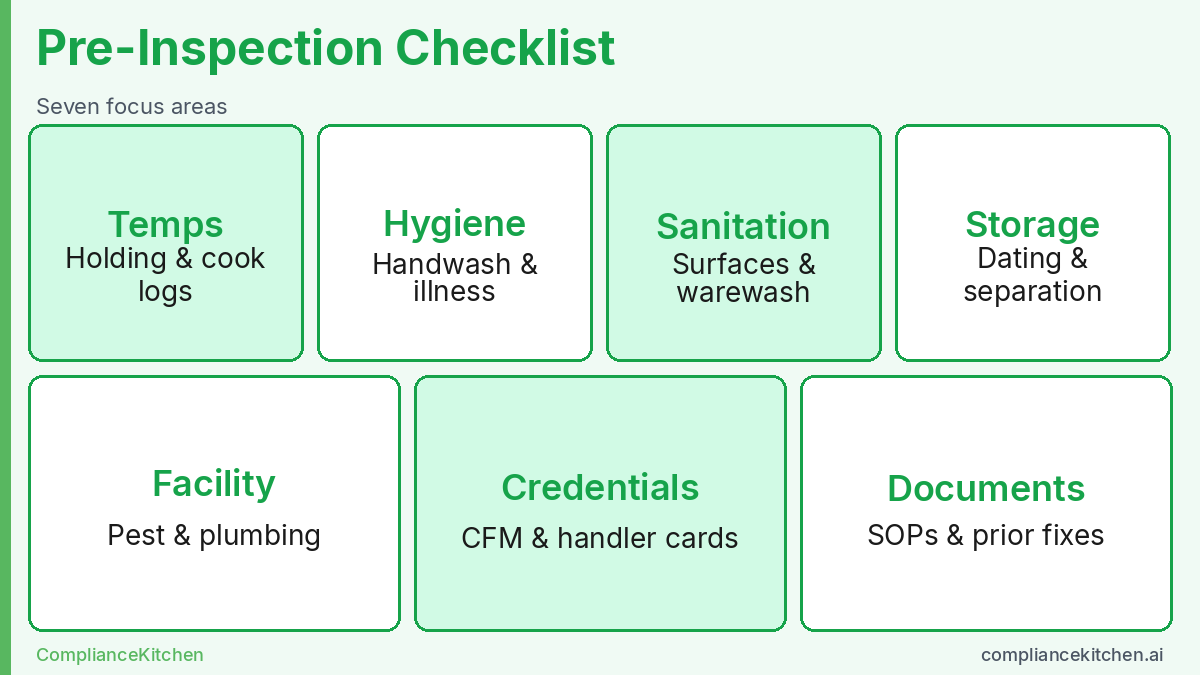 Pre-inspection checklist diagram covering temperatures, hygiene, sanitation, storage, facility, credentials, and documents