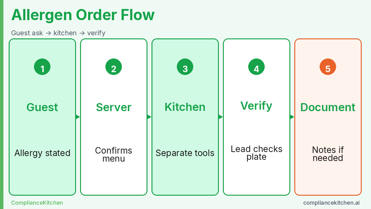 Five-step allergen order workflow from guest disclosure through kitchen controls and documentation