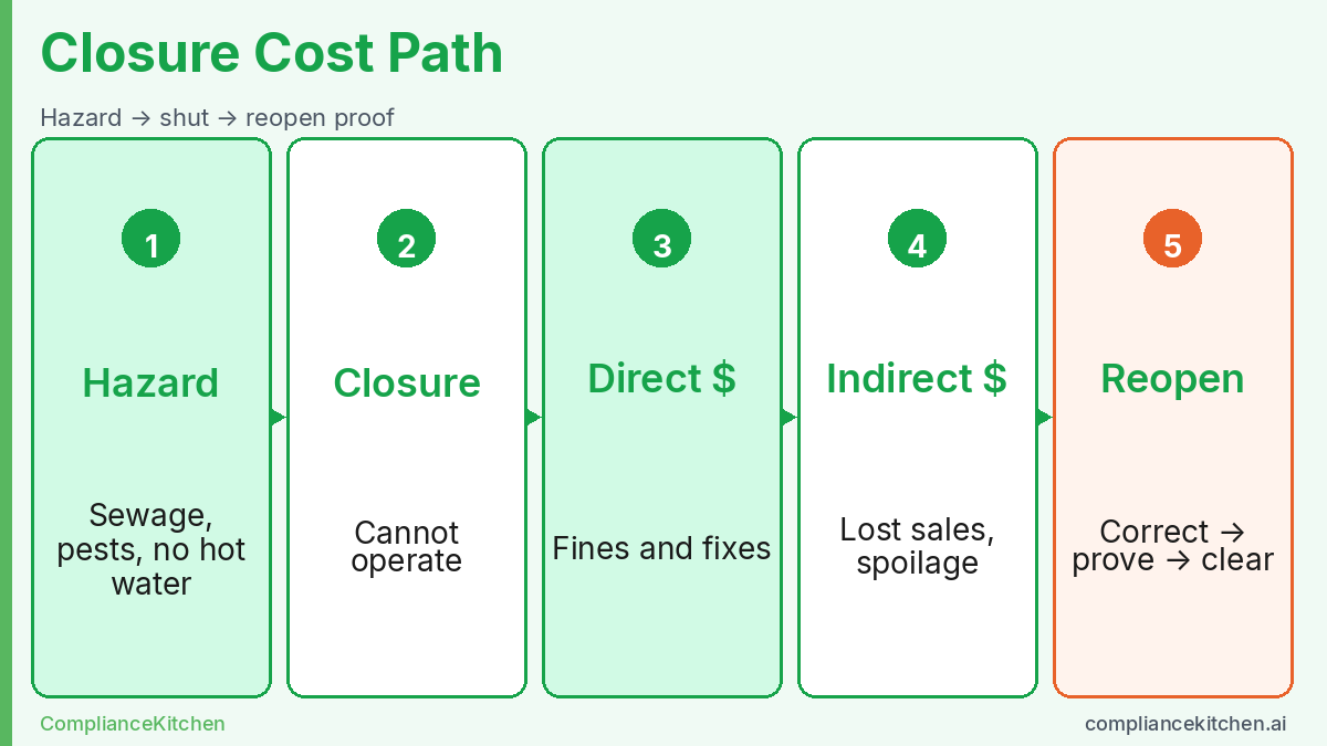 Process diagram of restaurant closure from imminent hazard through reopen proof and layered costs