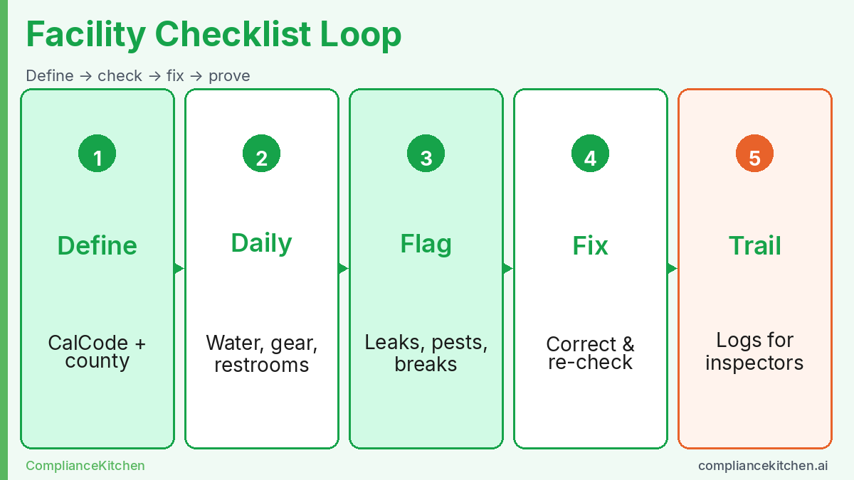 Facility compliance checklist loop: define standards, daily checks, flag failures, correct, and keep the trail