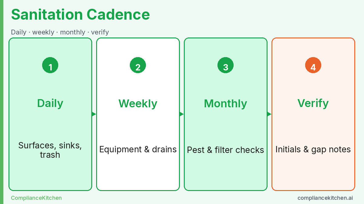 Workflow diagram of restaurant sanitation cadence: daily, weekly, monthly tasks, then record and verify