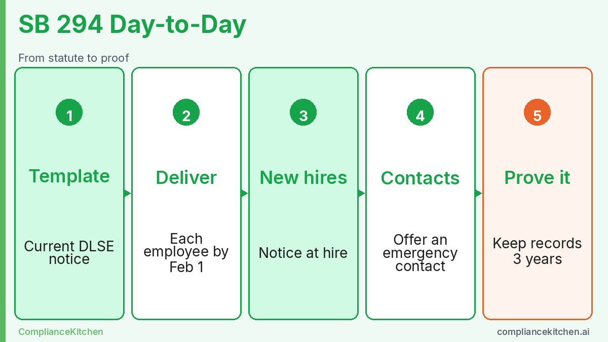 Five-step diagram of SB 294 duties: get the template, notify each employee by February 1, notify new hires, offer an emergency contact, keep records 3 years
