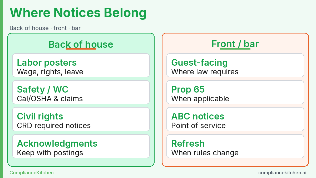 Two-panel diagram of where notices belong: back-of-house employee postings and front-of-house or bar notices